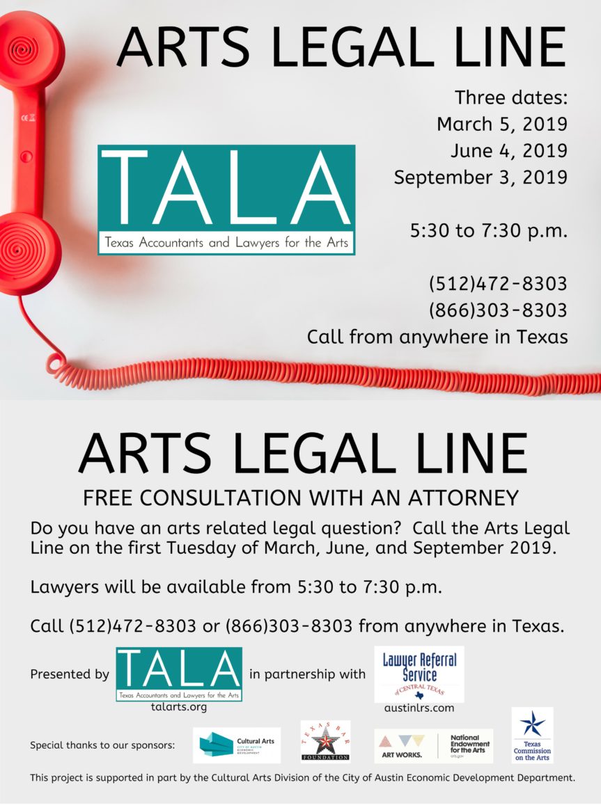 Legal Resource for Texas Artists: Arts Legal Line events June 4 & Sept. 3